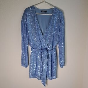 On Twelfth Women’s Romper Blue  Sequin Long Sleeve V-Neckline Pockets Belt Small